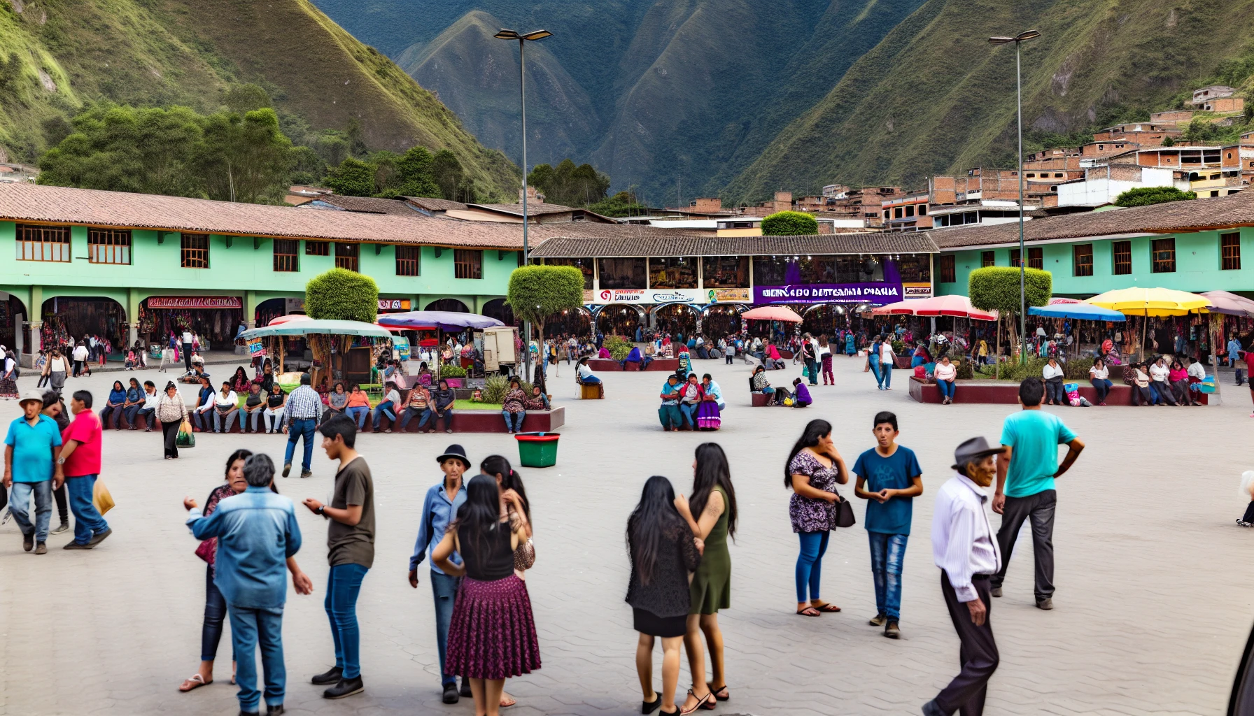Bustling main square in Aguas Calientes with vibrant Mercado de Artesanía